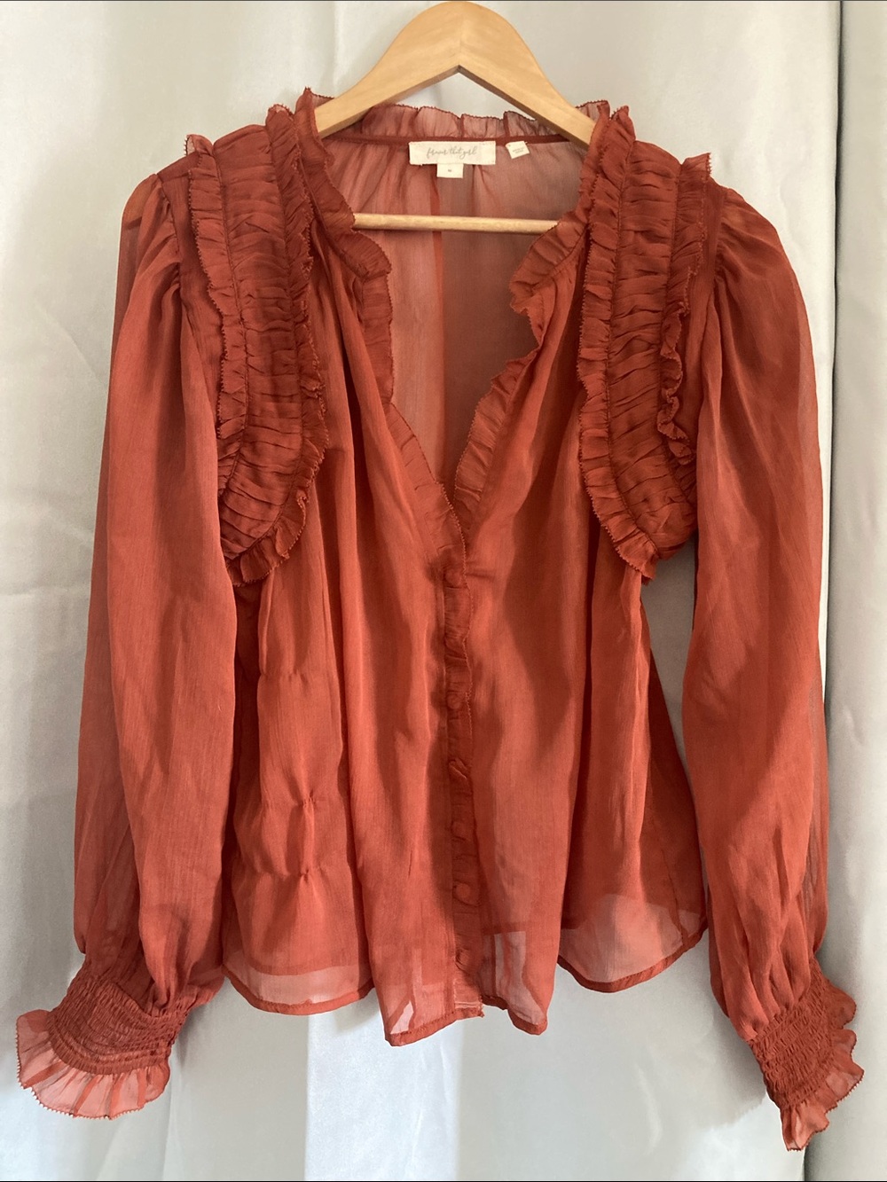 Rust Orange Ruffle V-Neck Blouse